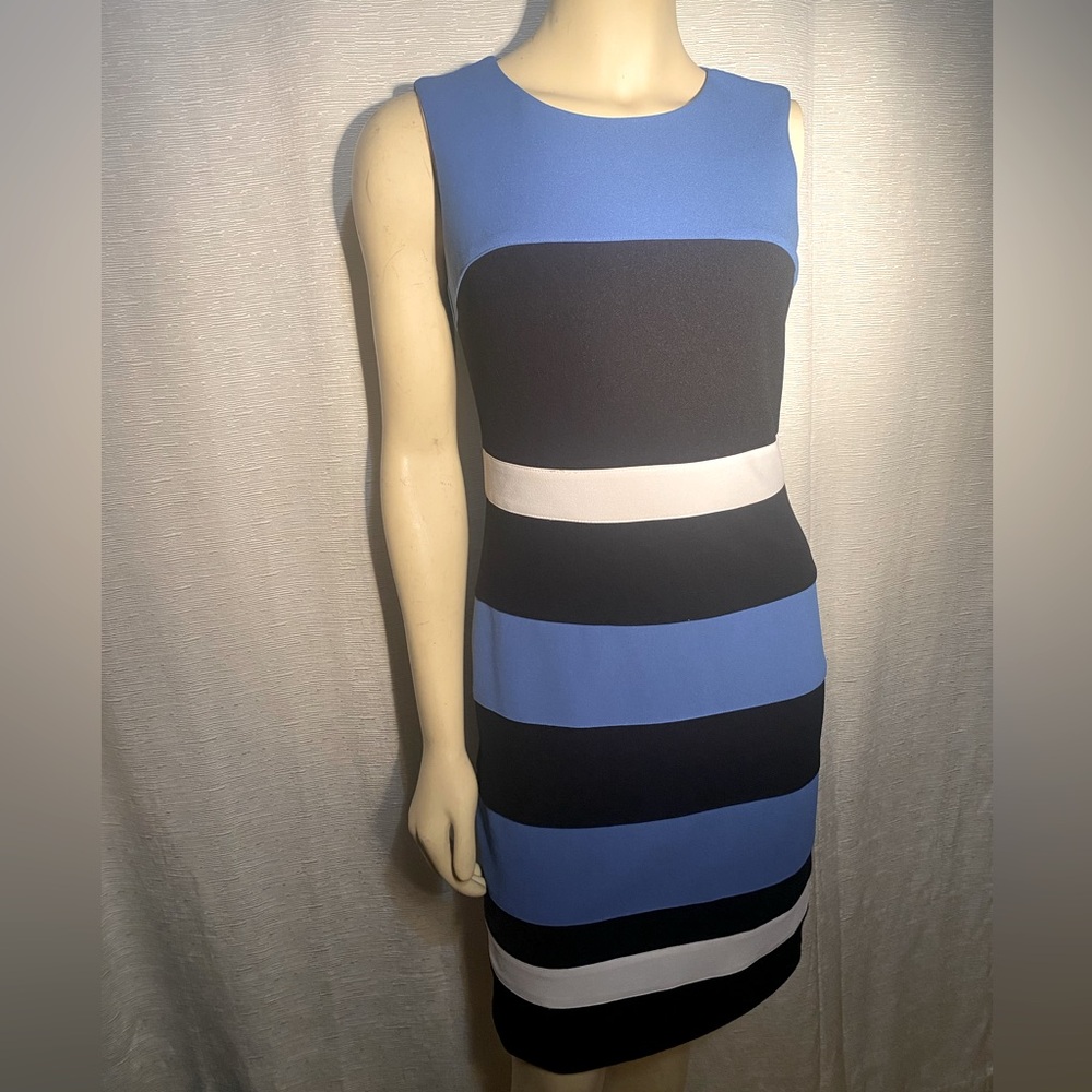 Tommy Hilfiger, size 2, sleeveless, blue, black and white striped dress.